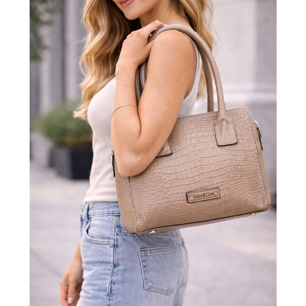 Gianni Conti Italian Leather Croc Embossed Taupe Tote Crossbod Bag Made in Italy